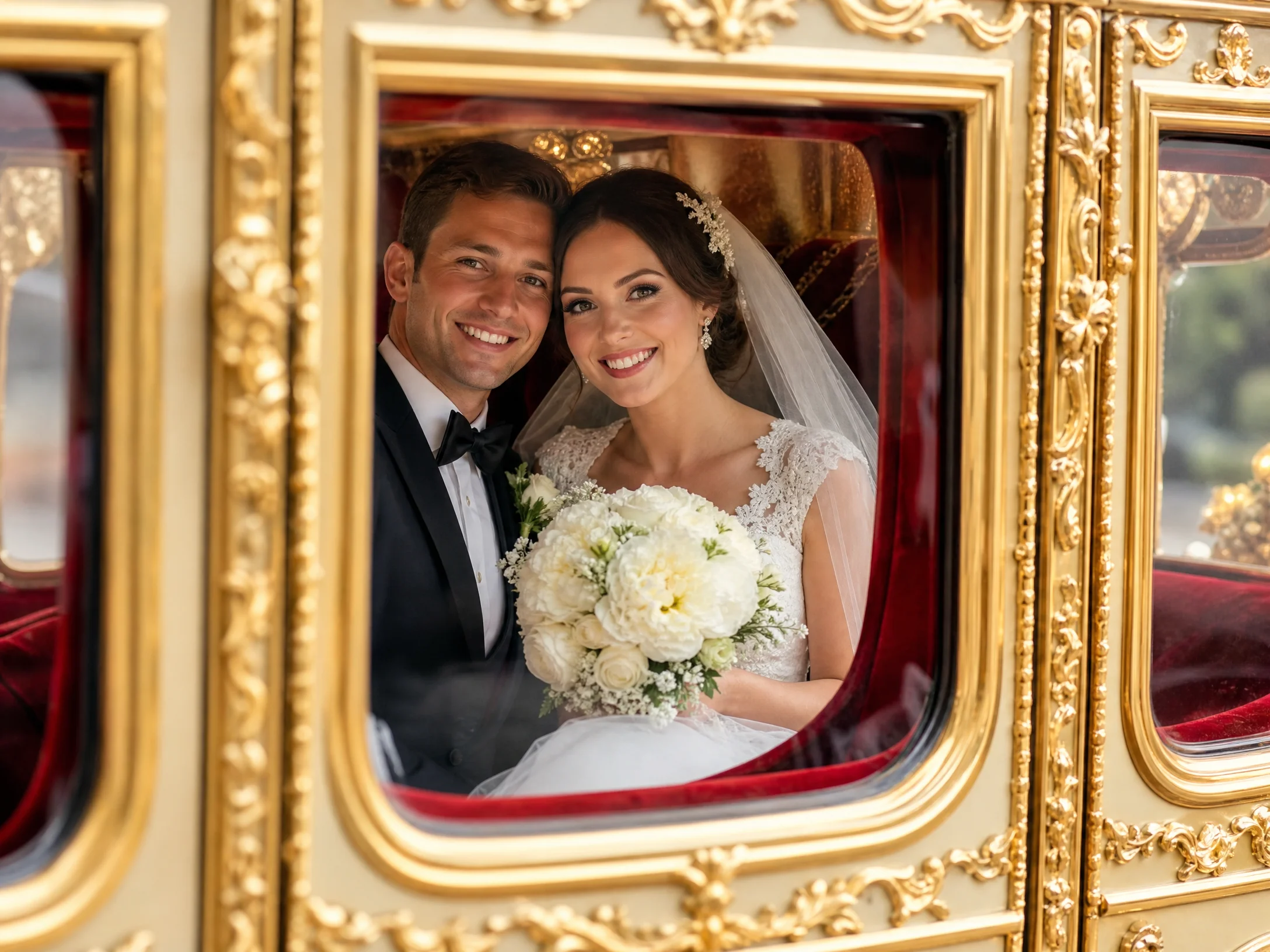 新​婚夫妇在金色马车内幸福微笑